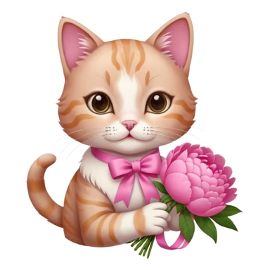 Can you make a cute cat handing out peonies bouquet with a coquette on the boquette sticker