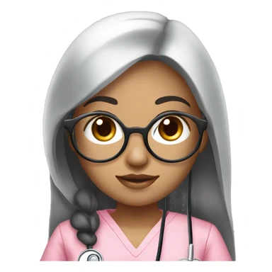 Aian girl (beige white skin tone and big eyes) with circle silver glasses, long black hair , wearing a pink nurse uniform scrub) with a stethoscope sticker