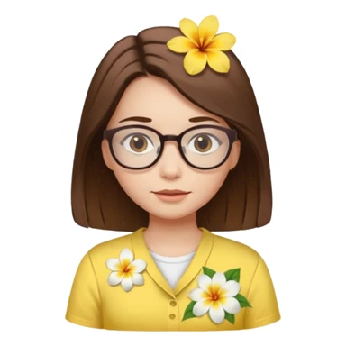 female with white skin. Shoulder length straight brown hair. Brown eyes with glasses. Hawaiian Flower in hair. Female wearing baby yellow shirt. sticker