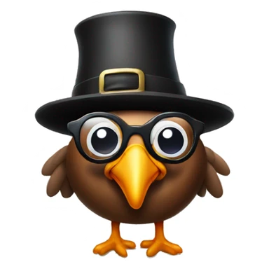 Turkey wearing thick glasses and a pilgrim hat sticker