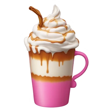 A hot drink with caramel dripping and whipped cream in a pink cup  sticker