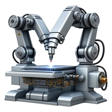 An icon featuring a giant robotic machine welding a large microchip with a laser, using two robotic arms. The design includes circuit boards, gears, and technical schematics, symbolizing advanced engineering and automation. Transparent background highlights the fusion of technology sticker