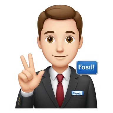 friendly salesman with a name tag, open hand gesture, business attire sticker