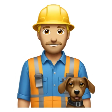 Blonde male Construction worker wearing a hat and blue work wear with small black and brown curly dog  sticker