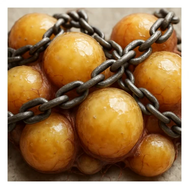 hyper realistic 4K adipocytes with visible lipid droplets, blocked by chains, microscopic details, neutral background sticker