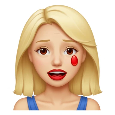 blonde having crying emoji tears from hard laughter. really happy in general, happy eyes. red lipstick sticker