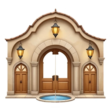 3D Apple-style emoji of a full traditional Turkish han. Rounded stone building with arched wooden doors and windows, small courtyard, fountain, arches, and hanging lanterns. Glossy, smooth, soft shadows, clean white background.






 sticker