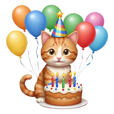 Ginger tabby kitten celebrates birthday, birthday hat, birthday cake, balloons, happy, gifts sticker
