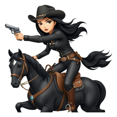 badass confident hot tanned woman with long black hair cowgirl style wearing black leather outfit with gun riding horse in action pose sticker