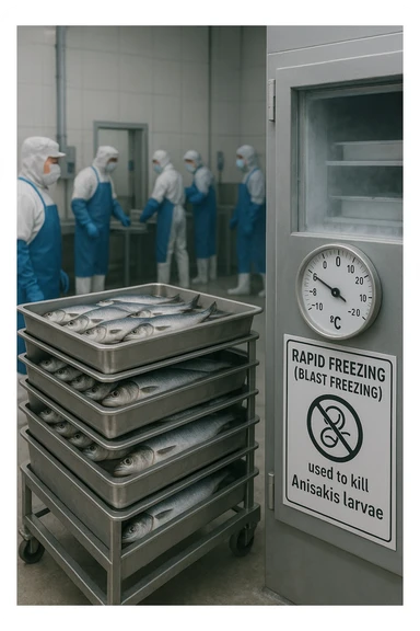 a fish processing facility where freshly caught fish are placed on trays and moved into a large industrial freezer. A temperature gauge shows -20°C, and an educational label explains that rapid freezing (abbattimento) is used to kill Anisakis larvae. The background includes workers in protective clothing and clear signage about food safety. in italiano sticker
