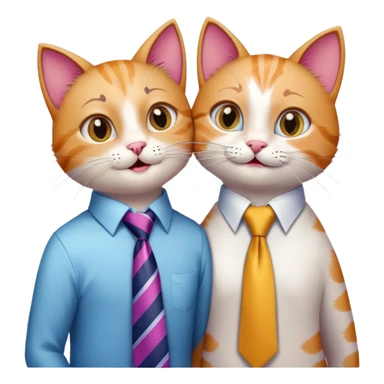 happy girl cat with eyelashes wearing a colorful necktie and happy boy cat wearing a professional necktie standing together and holding paws, both with loving expressions sticker