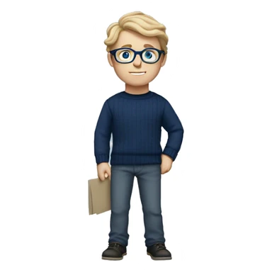 caucasian white boy with dark wavy  hair, blue glasses, and carrying design paper plan because he is an architect carrying a pencil and a set model maquette. wearing a navy blue long sleeve sweater shirt. smart.  sticker