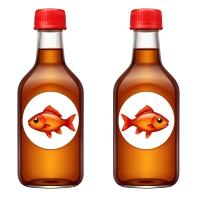 small glass or plastic bottle of fish sauce filled with amber-brown translucent liquid, simple clean shape, narrow neck, red or neutral cap, no label or branding, glossy fluid sauce with slightly oily sheen, soft lighting, subtle shadows, transparent background, emoji scale sticker