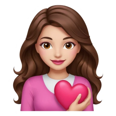 girl with long wavy brown hair, brown eyes, long lashes makeup, sexy pink lips, light to medium complexion, wearing a pink sexy top, smiling, holding a big heart sticker