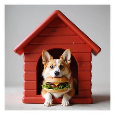 realistic red dog house with a Corgi dog inside, Corgi with a hamburger, photorealistic style sticker