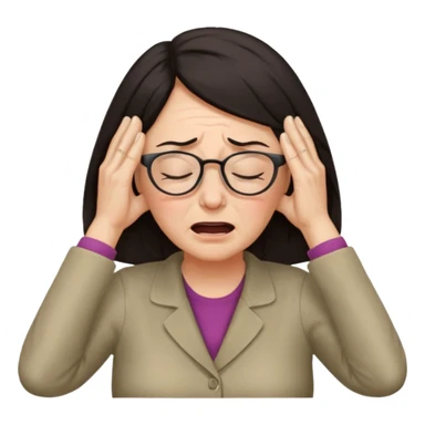 middle aged woman with dark hair and glasses covering her ears, wincing in pain because the sound is terribly loud and hurting her ears sticker