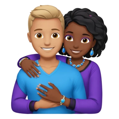 Tan European male wearing blue and smiling and hugging a jet black African girl in purple clothes with blue jewelry sticker