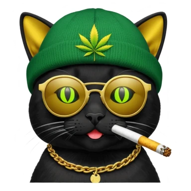 A black cat wearing the deal with it shades and a rasta beanie and smoking a joint and wearing a gold chain that says 420 and the words High Time at the top of the image sticker