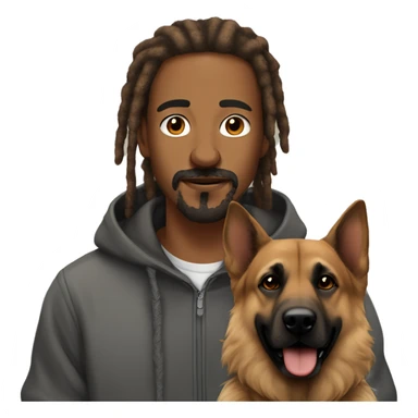 man with dreadlocks, mustache and goatee dressed in a hoodie alongside a brindle colored german shepherd dog sticker