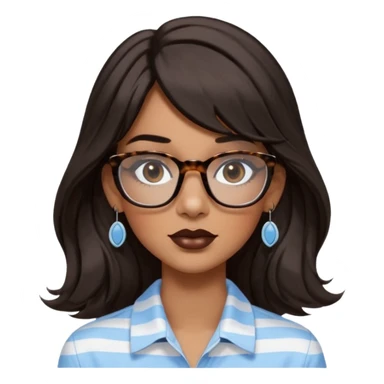 An emoji featuring a woman with very long wavy dark brown hair and a whispy straight bang, wearing thick tortoise square shaped glasses, drop earrings. She has long lashes, black eyeliner and a nude browny glossy lipstick. She's wearing an oversize light blue shirt with white vertical strips.  sticker