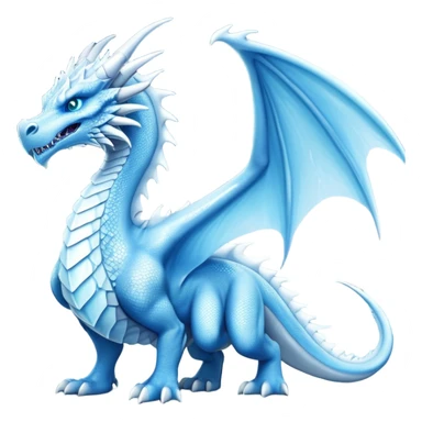 Cinematic Noble wise elegant Ice Dragon full body  Emoji, Poised and imposing, distinct long elegant snout, with a slender, scaled body shimmering in glacial hues of icy blue, frostbitten silver, and crystalline white, breathing out frost, with piercing, glowing ice blue white eyes that radiate the chilling depths of an arctic storm; rendered in detail. excuding wisdom sticker