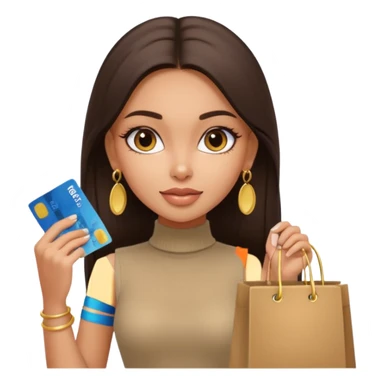 a pretty bratz fair indian girl wearing a beige sleeveless turtleneck, golden earrings, straight ling hair, holding bank cards, dark brown hair, carrying shopping bags sticker