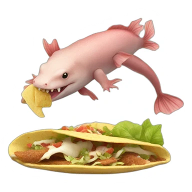 A axolotl eating a French tacos with a sea lion sticker
