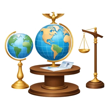 An icon featuring a podium with a speaker, a ballot box with a voting slip, and a globe, symbolizing political science. The design includes scales of justice and a world map in the background, representing governance and global politics. Transparent background highlights political analysis. sticker