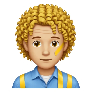Make me an emoji that has a guy with a white shirt and yellow tape around the shirt with brown and blue spots hair make the hair curly make the yellow tape go around it sticker