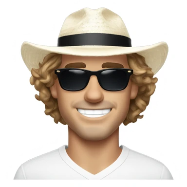Antoine Griezmann close face smiling wearing a white elegant shirt, a staw panama hat and black sunglasses.  sticker