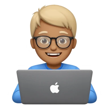 programmer with protruding teeth and glasses, working on a laptop sticker
