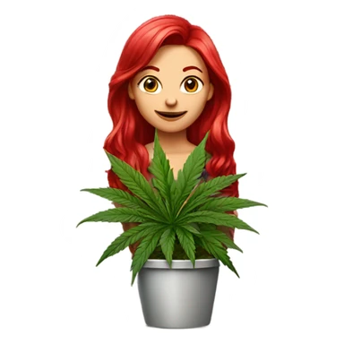 female Ruby red hair, beside marijuana plant in pot sticker