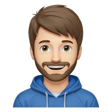 25 year old man, short scruffy beard and thin moustache, brown puffy mullet, blue eyes, big smile, white teeth, big lips, pronounced jaw, hair longer in back, sticking up on top, thin face, grey hooded sweatshirt, pale skin, big smile sticker