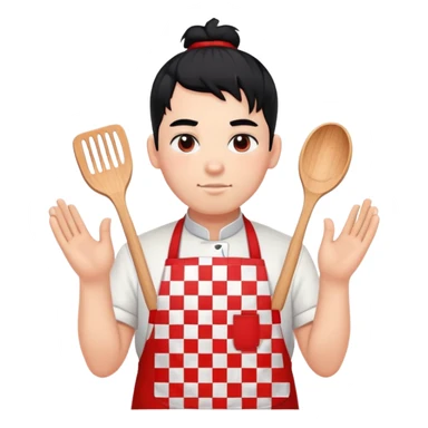 big boy with black hair in a topknot, wearing a white apron with red squares pattern sticker