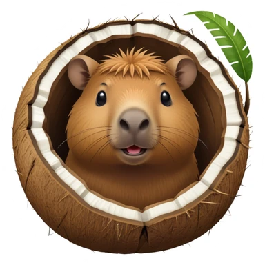 A cute capybara peeking out from inside a cracked open coconut shell sticker