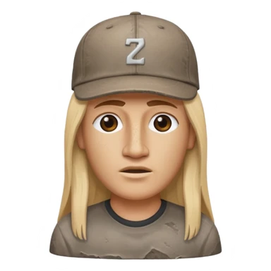 Easter island head rock with long blonde hair and a backwards baseball cap sticker