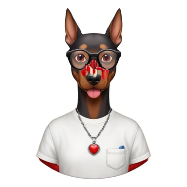 Generate a emoji of a big evil doberman dog with red eyes and a tongue sticking out, give the doberman a human body with a white shirt and baggy jeans, make the doberman have ear piercings and a septum ring, make the dog have black circular glasses with a red tint sticker