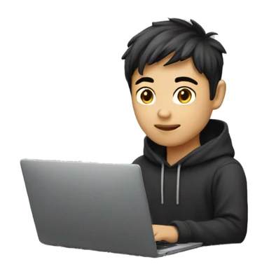 A Asian boy is developer dressed as developer wearing dark hoodies working on a laptop. Background transparent sticker