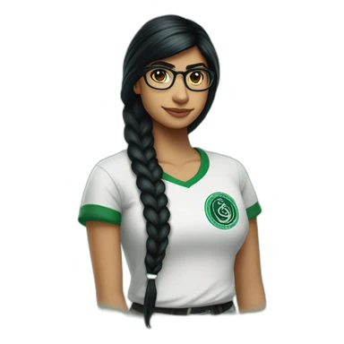 Mia Khalifa black braid white tshirt green sleeves slytherin emblem sticker