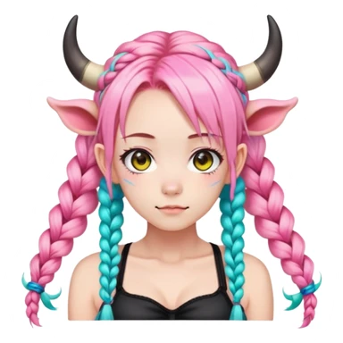 En anime-jente med to rosa lange tykke fletter og cyan striper i håret, ku-horn og ku-ører, sort BH-topp over en gul cropped-fleece-blouse sticker