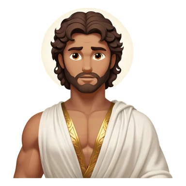 Cinematic Realistic Hercules Portrait, depicted as a classical Greek hero inspired by the Disney version yet echoing the refined proportions and serene dignity of Michelangelo's David. His idealized, sun-kissed bronze skin glows with timeless strength, and his thick, wavy dark hair falls in natural, sculpted curls. Draped in a flowing white robe with delicate golden accents, his expressive eyes radiate determined nobility, all rendered under dynamic natural lighting with a mythic, radiant glow. sticker