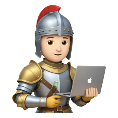 Knight with helmet holding laptop and money sticker