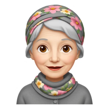 A kind old Soviet village grandmother emoji — elderly woman wearing a floral headscarf tied under her chin, simple gray cardigan, warm smile, friendly face, flat emoji style, minimal Apple-like design. sticker