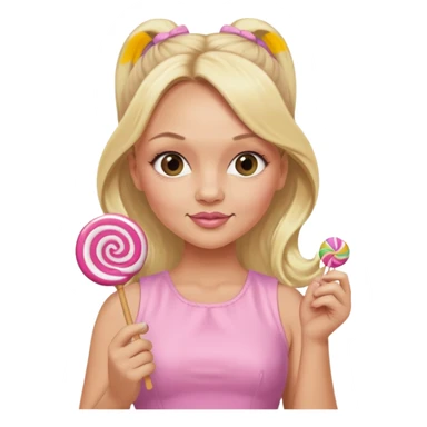 Emma Bunton with long blonde ponytails wearing light pink body dress holding a lollipop sticker