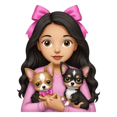 A girl with light to medium skin with olive skin tone, with long black hair with wavy bottom. Holding a chihuahua dog wearing a ribbon sticker