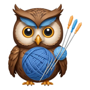 Owl holding blue yarn ball and knitting needles sticker