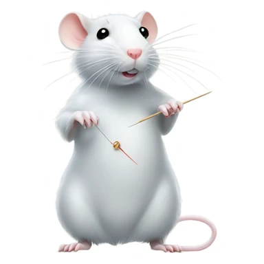 Cinderella's white rat standing and grab a sewing thread and needle sticker