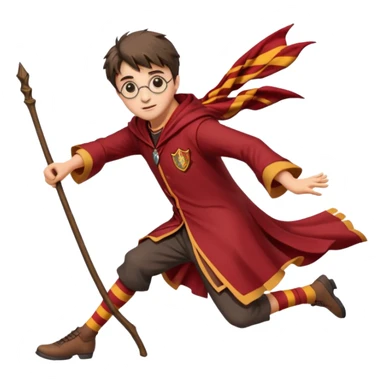 Cartoon-style illustration of Harry Potter flying on a broomstick, Gryffindor red and gold outfit, expressive face, dynamic motion, magical vibe, smooth shading, vibrant colors, no background, transparent background, isolated character. sticker