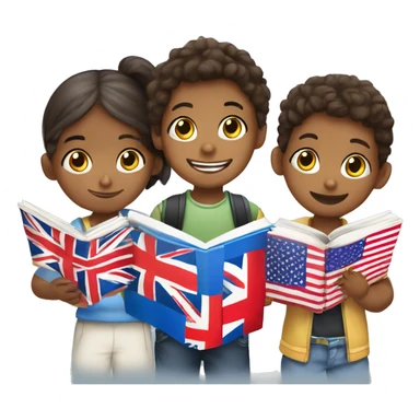 A vivid picture of children learning English, for example, playing games in English, reading books, drawing flags of different countries. sticker