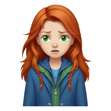 Redhead girl with long hair, green eyes, blue jacket, upset expression sticker